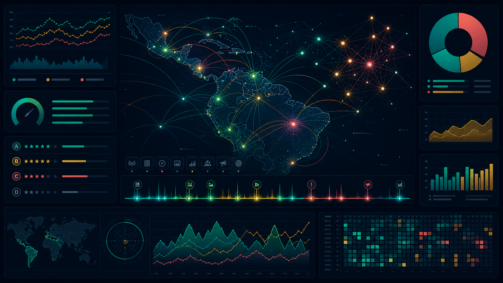 Vista abstracta de un panel de inteligencia mediática con grafos, señales y métricas de credibilidad.